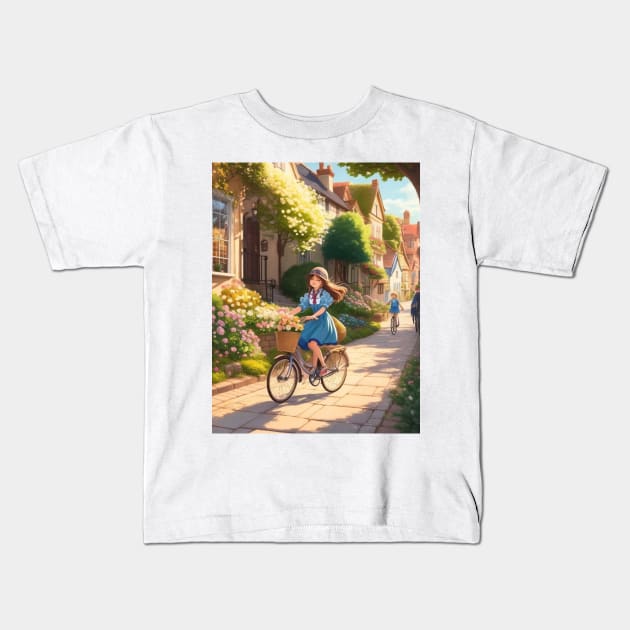 cute girl riding bicycle. Kids T-Shirt by MeriemBz